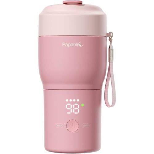 Papablic Pro Portable Bottle Warmer for Travel – Fast Heating, Built-in Sterilizer, 30W Fast Charge, 5-Temp Control, Easy-Clean Wide Mouth, Baby Milk Warmer for Breastmilk & Formula, Sakura Pink