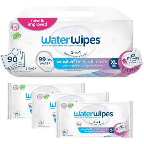 WaterWipes Sensitive+ Body & Intimate Wipes, 3-In-1 Cleans, Cares, Protects, 99.9% Water, Unscented & Hypoallergenic Hygiene Wet Wipes, Adult Care, 90 Wipes (3 Packs)