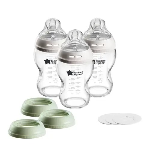 Tommee Tippee Natural Start 9 oz Glass Baby Bottles, Self Sterilizing, BPA & Phthalates Free, 0+ Months, Slow Flow Breast-Like Nipple for a Natural Latch, Travel Jar Lids, Cup Rings, Pack of 3