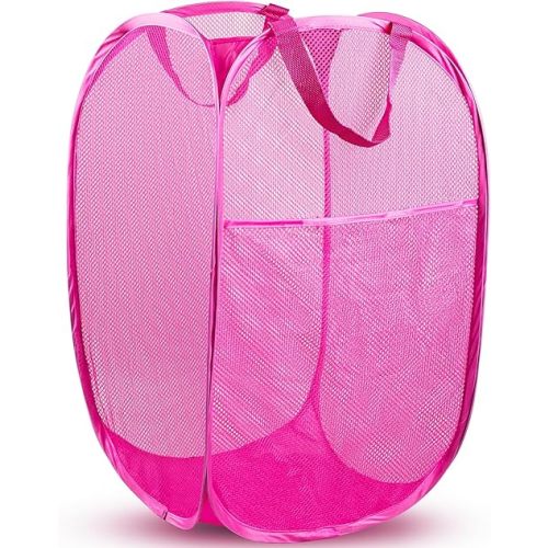Pop Up Hamper, 1 PCS Mesh Pop Up Laundry Hamper, Foldable Mesh Laundry Basket with Space-Saving Design for Home, Dorm, Travel & Storage - Pink
