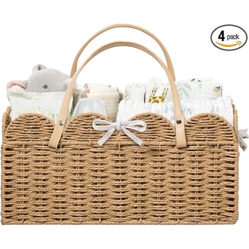 HBlife Large Baby Diaper Caddy, Paper Rope Scalloped Storage Baskets Nursery Bin with Removable Divider, Portable Car Organizer for Diapers, Baby Shower Gifts, Newborn Essentials Must Haves, Brown