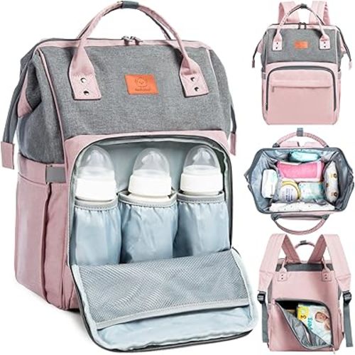 KeaBabies Baby Diaper Bag Backpack - Baby Bag for Boys, Girls, Waterproof Multi Function Baby Backpack, Large Diaper Bags for Baby Girl, Baby Boy, Travel Diaper Bag with Changing Pad(Pink Gray)