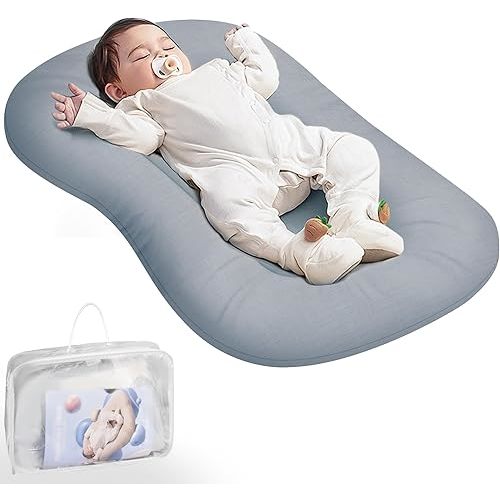 Baby Lounger - Baby Lounger Pillow for Newborn, 0-24 Months, Bionic Design Infant Lounger for Home and Travel, Soft Cotton, Newborn Babies Essentials Gifts, Grayish Blue