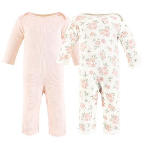 Hudson Baby Infant Girl Thermal Coveralls 2pk, Soft Pink Sage Rose, 3-6 Months