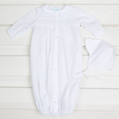 Geometric Smocked Long Sleeve Gown and Bonnet Set