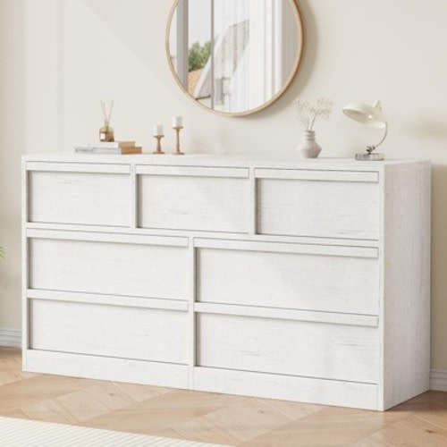 7-Drawer Dresser, 54" Wide Chest of Drawers with Large Storage, Modern Bedroom Dresser Organizer for Nursery, Living Room, Entryway, Antique White