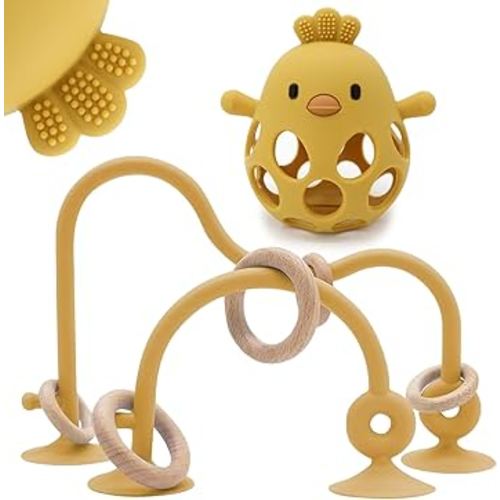 Baby High Chair Suction Toys Teething Chew - Baby Table Toys, Teething Toys Silicone Teethers, Food Grade Silicon for 6 12 18 Months (Yellow)