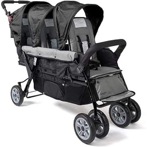 Gaggle by Foundations Compass 3 Seat Stroller | Triple Stroller for Infant and 2 Toddlers | Foot Brake | Shock-Absorbing All-Terrain Wheels | Easy Folding | Black