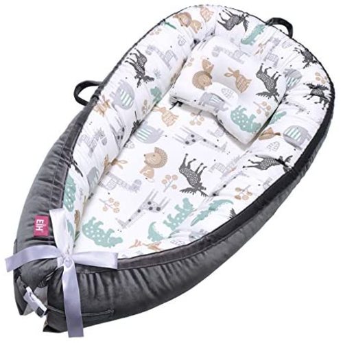 EIH Baby Lounger, Baby Nest Portable Baby Bassinet Ultra Soft Breathable Newborn Lounger with Pillow Adjustable for Crib & Bassinet Mattress Perfect for Co-Sleeping Traveling and Shower Gift (Animal)
