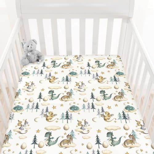 HawSkgFub Watercolor Cute Dragon Fairy Tale Fitted Standard Crib Sheet Baby Boy, Cloud Moon Star Dragons Egg Toddler Mattress Cover, Soft Breathable Stretchy Nursery Bed Sheets Decor Gift 52" x 28"