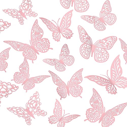 3D Gold Butterfly Wall Decor 3 Sizes 4 Styles Butterfly Party Decorations Cake Decorations Removable Stickers Wall Decor Room Mural Metallic Kids (Pink, 48Pcs)