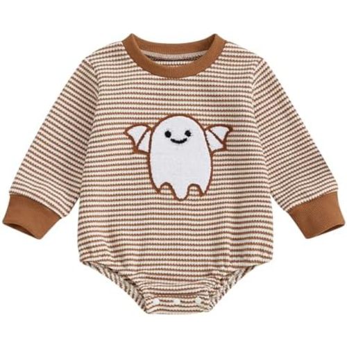 Baby Boy Halloween Outfits Ghost Embroidery Long Sleeve Crewneck Romper Stripes Bodysuit Newborn Fall Playsuit