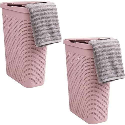 Mind Reader 40L Slim Laundry Hamper, Clothes Basket, Lid, Wicker Design, Plastic, 18"L x 10.4"W x 23.5"H, Set of 2, Pink