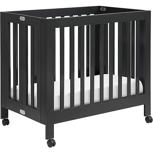 Babyletto Origami Mini Portable Folding Crib with Wheels in Black, 2 Adjustable Mattress Positions, Greenguard Gold Certified