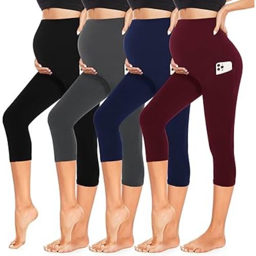4 Pack Women’s Maternity Leggings with Pockets Over The Belly Butt Lift - Soft Workout Pregnancy Yoga Pants