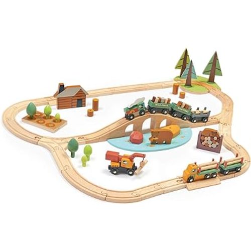 Tender Leaf Toys - Wild Pines Train Set - 95 Pieces Wooden Train & Bridge Set for Kids, Toddler Boys & Girls - Compatible with Most Toy Trains - Age 3+