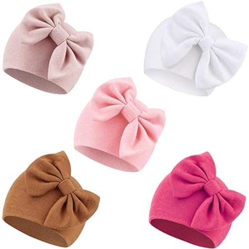 5 PCS Newborn Baby Hats Cotton Baby Beanie Caps with Bow Infant Hospital Hats Newborn Hats for Baby Girls 0-6 Months