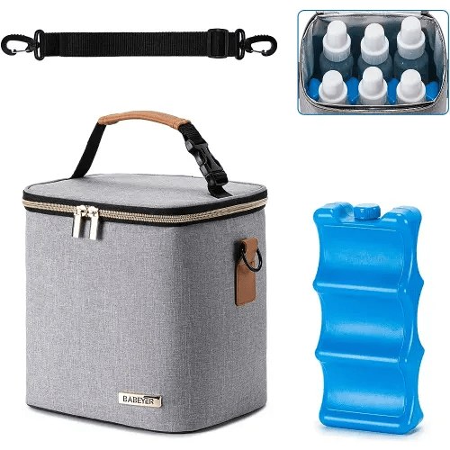 BABEYER Breastmilk Cooler Bag with Ice Pack Fits 6 Baby Bottles Up to 9 Ounce, Baby Bottle Bag with Shoulder Strap for Nursing Mom Daycare, Grey