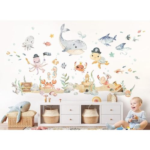 Under The Sea Wall Decal for Baby Nursery - Sea Animals Set for Children's Room - Ocean Underwater World Wall Sticker - Watercolor Shark Octopus Sea Turtle Room Stickers (M)