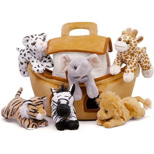 Plush Noah's Ark with Animals - Six (6) Stuffed Animals (Lion, Zebra, Tiger, Giraffe, Elephant, and White Tiger) in Play Ark Carrying Case
