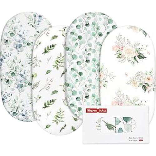 Gllquen Baby Bassinet Sheets 4 Pack, Breathable Cozy Fitted Mattress Sheet, Elastic Travel Crib Fashionable Floral Pattern, Standard Cradle Safe Sheets for Baby Boy Girls 32"X16"(Greenery)