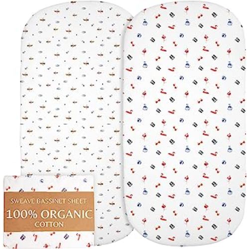 2-Pack 100% Organic Bassinet Sheets - Fits Dream On Me, Graco, Uppababy, Fisher Price and All 15X33 Size Bassinets - Breathable Double-Elastic Bassinet Fitted Sheet - Gets Softer After Each Wash