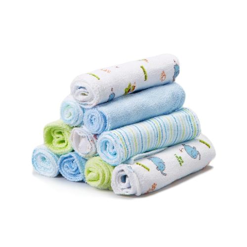 Spasilk Washcloth Wipes Set for Newborn Boys and Girls, Soft Terry Washcloth Set, Pack of 10, Blue Elephants