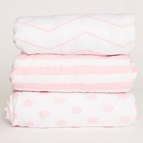 3 Fitted Pink Mini Crib Pack n Play Playard Portable Crib Sheets Set - 100% Oeko-TEX Cotton Baby Girl Nursery Bedding - Chevron, Polka Dot, & Stripe Travel Pack and Play Playpen Sheet