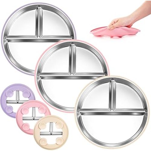 Bella's Friends Stainless Steel Kids Plates Suction Plate for Baby,3 Packs Non-Toxic Divided Toddler Plates,Food-Grade Silicone Plate for Baby,Dishwasher Safe,Beige Pink Purple