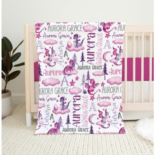 BABY GIRL DRAGON Personalized Blanket, Pink Purple Dragon Blanket, Toddler Girl Name Blanket, Dragon Theme Baby Gift, Newborn Girl Dragon