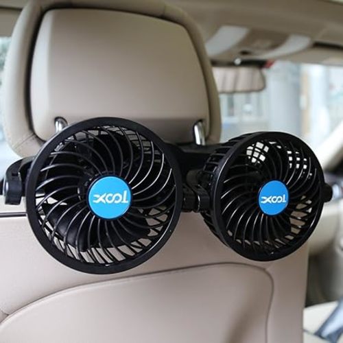 XOOL Electric Car Fans for Rear Seat Passenger Portable Fan Headrest 360 Degree Rotatable Backseat Car Fan 12V Cooling Air Fan with Stepless Speed Regulation for SUV, RV, Vehicles - Dual Head Back seat