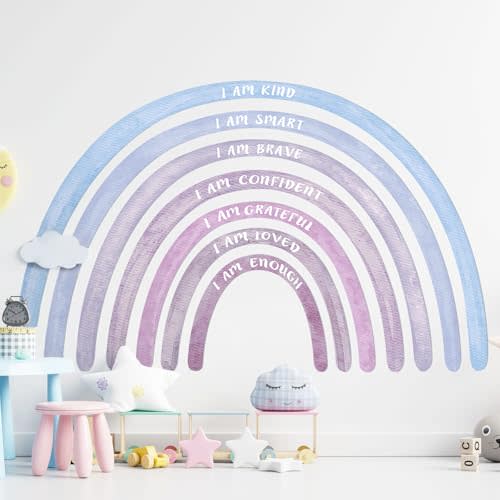 Tinideya 76.77x47.24'' Watercolor Large Rainbow Wall Decal with Inspirational Quote Peel and Stick Rainbow Wall Stickers Waterproof Decal for Girls Kids Bedroom Classroom Nursery Playroom(Purple)