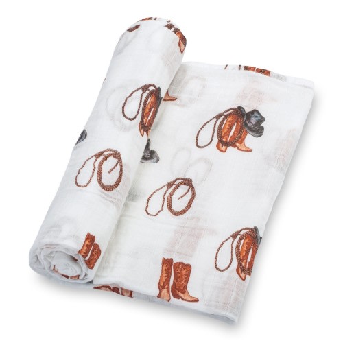 LollyBanks Cowboy Boot, Hat, and Rope Western Baby Muslin Swaddle - 100% Cotton, 47"x47" - Rodeo-Ready Baby Wrap