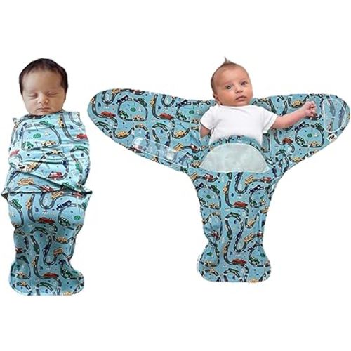 Norani Baby Snugababe Swaddle Pod for Newborns – Secure Arm Inserts Prevent Escape, Easy-Zip for Diaper Changes, Award-Winning Best Sleep Solution, Cars