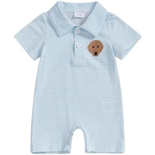Baby Boy Summer Outfit Short Sleeve Embroidery Collared Romper Lapel Button Striped Bodysuit Jumpsuit Clothes