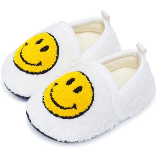 Kids Slippers Toddler Smile Face House Slippers Indoor Home Non-Slip Rubber Sole Shoes Warm Cozy Socks - 3.5-4.5 Infant - A-white