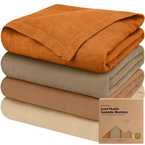 4-Pack Muslin Swaddle Blankets for Baby Boys, Girls - Organic Baby Blankets for Girl, Boy, Baby Swaddle Blanket Unisex, Receiving Blankets, Swaddles for Newborns, Newborn Baby Essentials (Spice)