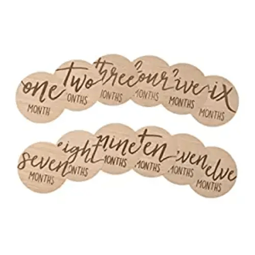 Kate & Milo Baby Monthly Milestone Marker Discs, Reversible Photo Props, Baby Growth and Pregnancy Growth Cards, 1-12 Months, Gender-Neutral Gift, Classic Cursive Script Wooden Discs - Wooden Milestone Discs