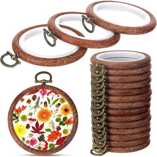Burbell 15 Pcs 4 Inch Round Embroidery Hoops Frame Circle Spring Rubber Hoops Ring Display Cross Stitch Ornament Imitated Wood Frame Kits for Spring Gifts Mother's Day Craft Sewing DIY Hanging Gifts