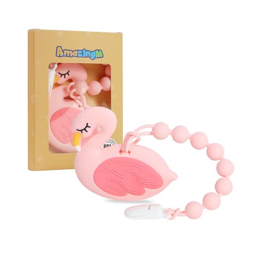 Baby Food Grade Silicone Teether Toy with One Piece Design Pacifier Clip Holder,Teething Pain Relief Toys Gift Set for 3 Months+ Boys and Girls,Freezer Safe,BPA Free. (Pink Flamingo)