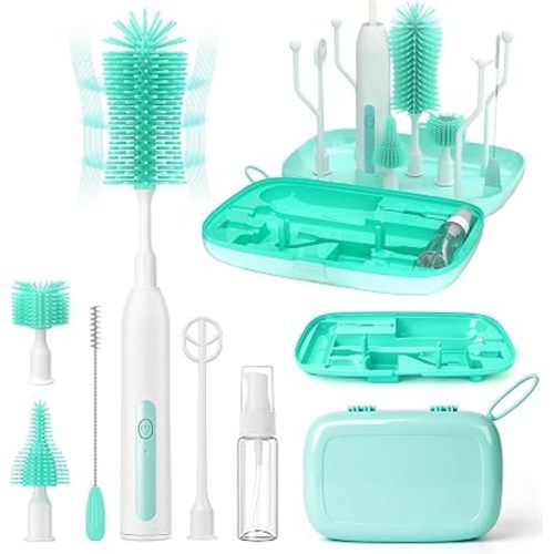 Electric Bottle Brush Cleaner,Portable Electric Baby Bottle Brush Cleaner with Storage Box,Long Battery Life,IPX7 Waterproof,Rechargeable Baby Bottle Cleaning kit for Home & On-The-Go(Mint Green)