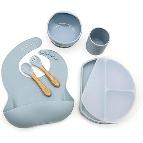 Silicone Baby Led Weaning Supplies-Baby Bowls and Spoons First Stage-Utensils for Toddler-Dinnerware Dish Set for Eating Solid Food-Easy Clean Silicone-6 Piece Set, Dusty Blue