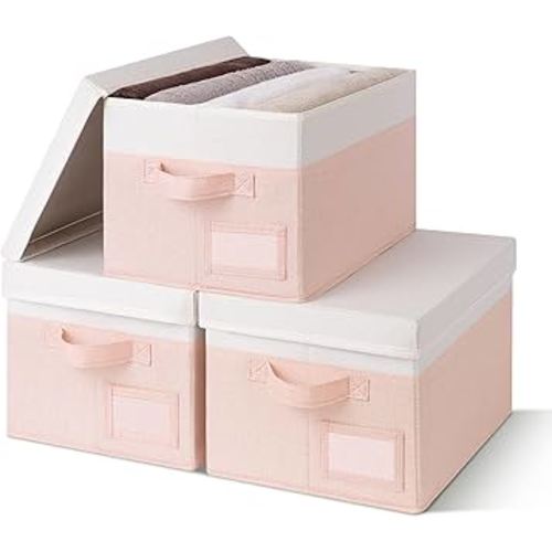GRANNY SAYS Storage Bins with Lids, Storage Boxes for Organizing, Storage Baskets with Label, Closet Organizers and Storage, Storage Bins for Shelves, Decorative Storage Boxes, 3-Pack, Pink&Ivory