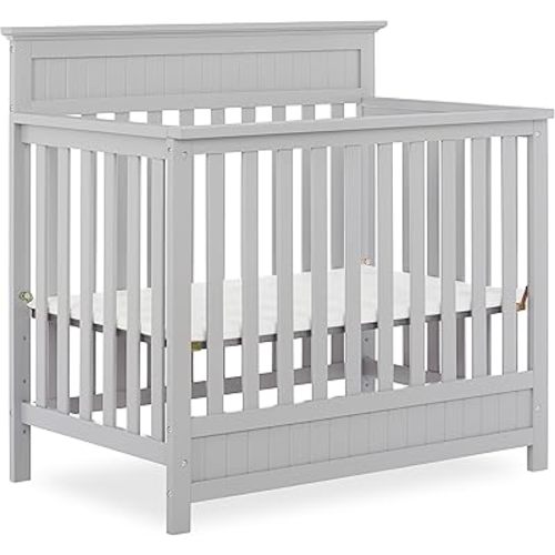 Dream On Me Harbor 4‑in‑1 Convertible Mini Baby Crib in Pebble Grey, GreenGuard Gold & JPMA, Non-Toxic, Pinewood, Converts to Mini Day & Twin Bed, 1″ Mattress Pad, Perfect for Small Nurseries