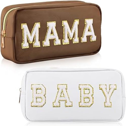 Sanwuta 2 Pieces Nylon Cosmetic Bag Chenille Letter Makeup Bag Pouch Zipper Travel Toiletries Pouch Preppy Patch Cosmetic Travel Toiletry Bag for Women and Girls (Baby and Mama, Camel, White)