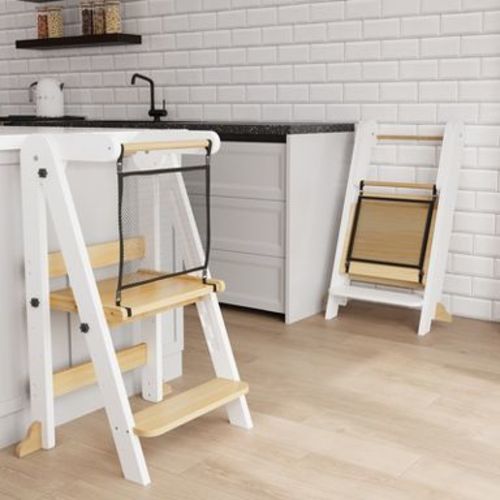 TinyHomie Foldable Toddler Kitchen Tower, 3 Adjustable Height Wooden Learning Stool, Standing Tower with Safety Net for Kitchen Bathroom (White)