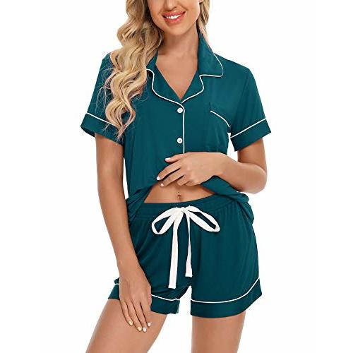 Senert Pajamas Set For Women Short Sleeve Sleepwear Soft Button Down Pjs Set Nightwear Lounge Sets S-XXL