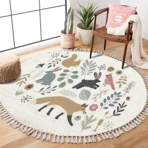 Round Rugs Hand Drawn Scandinavian Style Set Forest Animals Plants Clip Boho Area Rug Linen and Cotton Carpet Meditation Rug Washable Hallway Runner Mat Accent Rug for Bedroom Bathroom 6ft