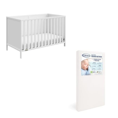 Graco Theo Crib and Mattress Nursery Essentials Pack (White) – GREENGUARD Gold Certified Baby Crib & Crib Mattress, Cribs with Mattress Included, Convertible Crib, Baby Mattresses for Crib