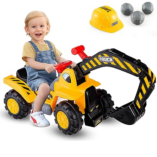 HONEY JOY Ride on Excavator, No Power Ride on Construction Vehicles for Kids, Helmet, 3 Toy Rocks, Adjustable Digger, Horn, Ride On Loader, Bulldozer Ride on Toy, Gift for Boys Girls